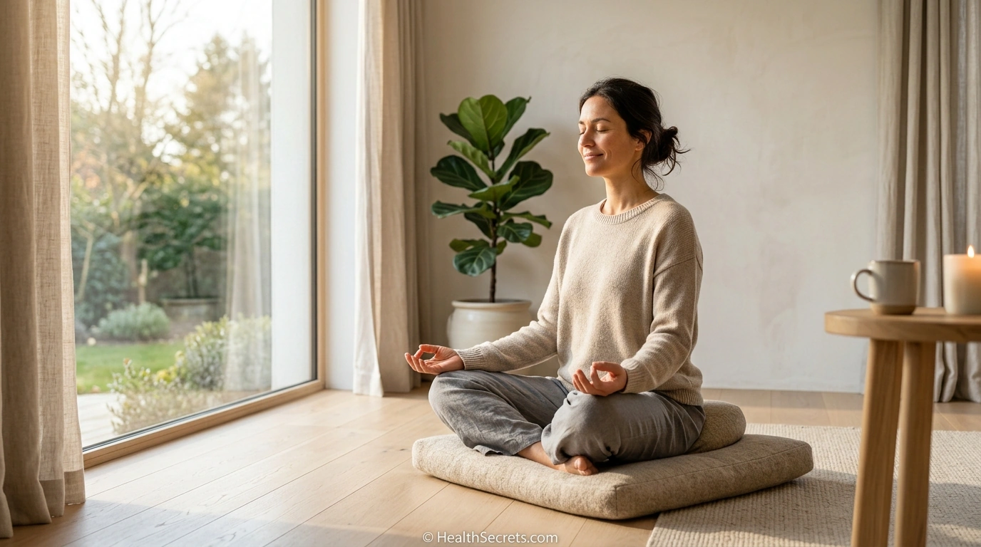 Beginner meditating in seated position on cushion with morning sunlight in peaceful minimalist room