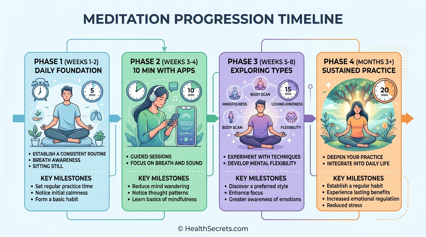Meditation beginner action plan timeline showing four phases from 5 minutes daily to sustained 20 minute practice over 8 weeks