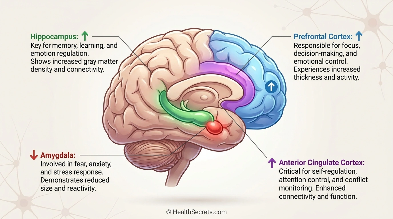 Brain diagram showing meditation effects on hippocampus prefrontal cortex amygdala and anterior cingulate cortex with increases and decreases labeled