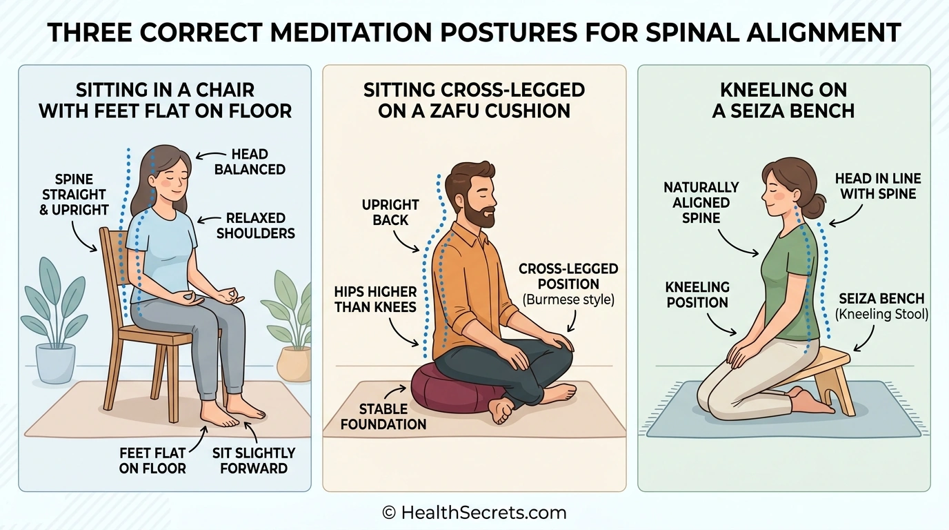 Three meditation posture options showing chair sitting cushion cross-legged and kneeling bench with correct spinal alignment
