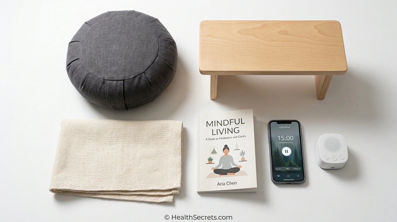 Meditation product recommendations including cushion bench mat timer app book and white noise machine for beginners