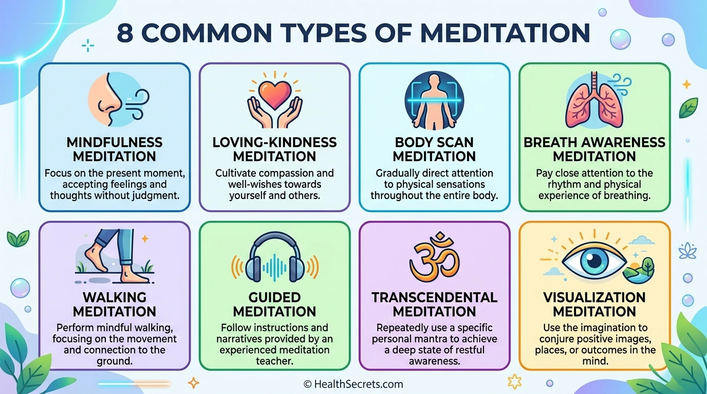 Infographic showing 8 types of meditation including mindfulness loving-kindness body scan breath awareness walking guided transcendental and visualization