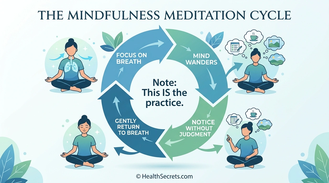 Mindfulness meditation cycle diagram showing focus on breath then mind wanders then notice without judgment then gently return to breath