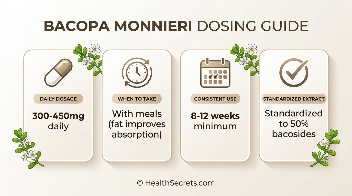 Bacopa monnieri dosing guide showing 300 to 450 mg daily standardized to 50 percent bacosides taken with meals for 8 to 12 weeks