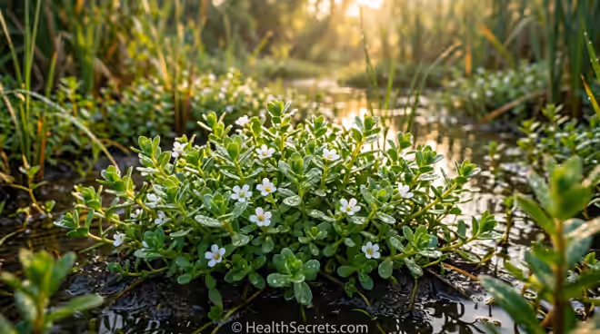 Fresh bacopa monnieri brahmi plant with white flowers used in Ayurvedic medicine for memory enhancement