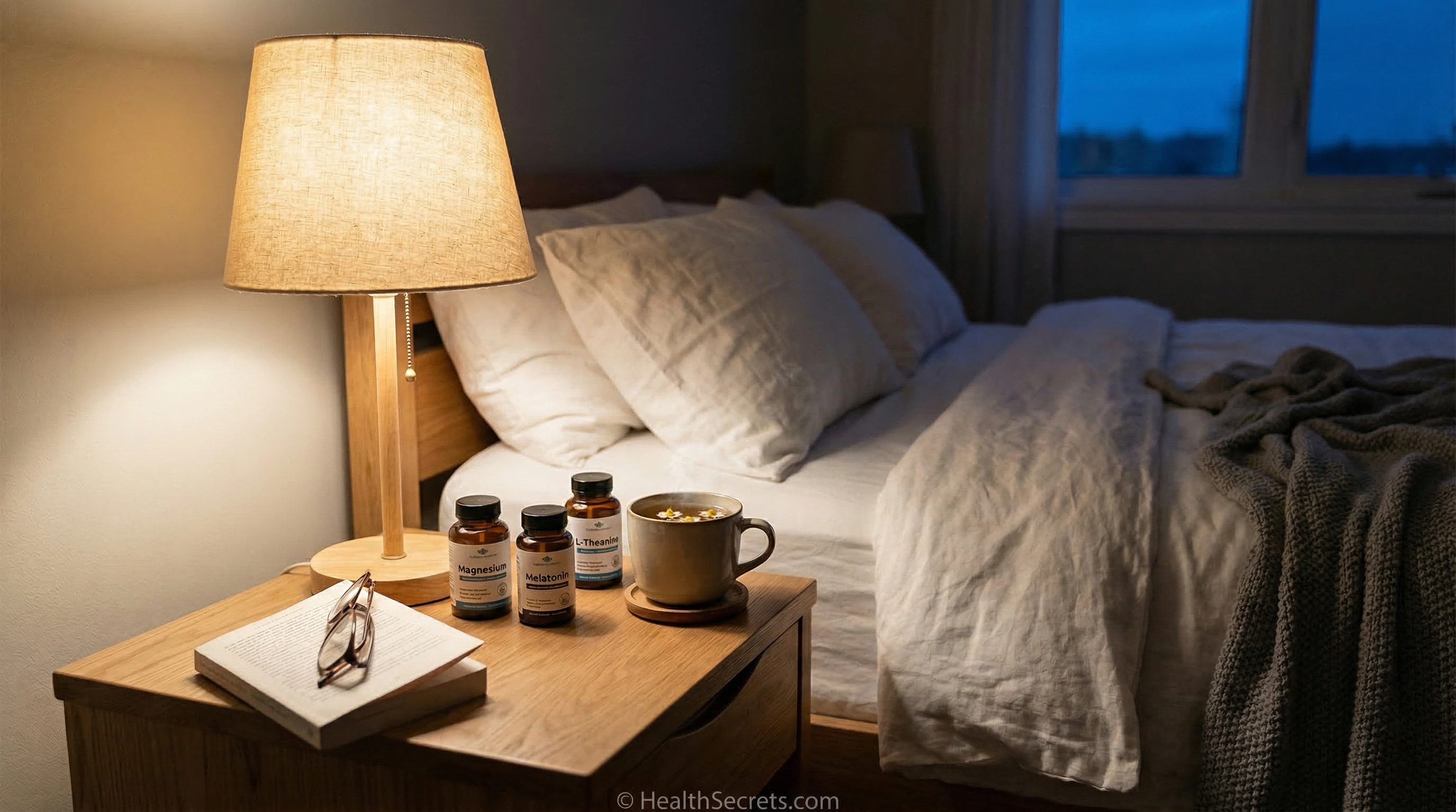 Sleep supplements arranged on bedroom nightstand with herbal tea and warm lighting for natural sleep support