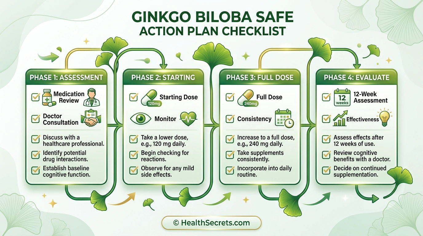Four-phase action plan checklist for safely starting ginkgo biloba supplementation from assessment through evaluation