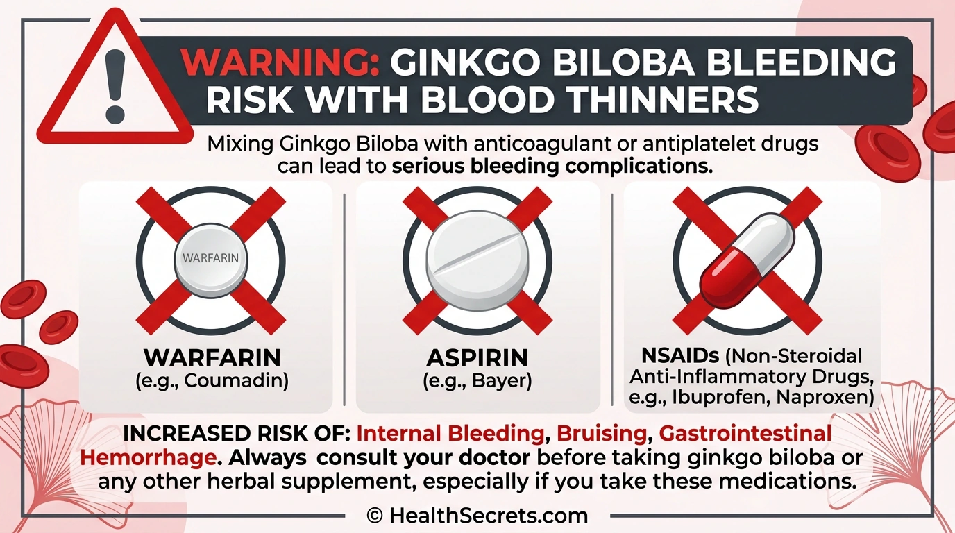 Warning graphic showing ginkgo biloba bleeding risk with blood thinning medications including warfarin, aspirin, and NSAIDs