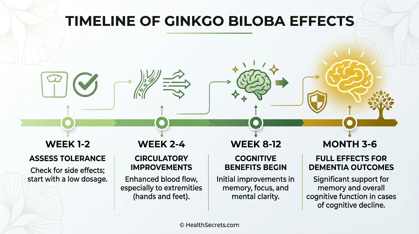 Timeline infographic showing expected ginkgo biloba effects from week 1 through month 6 including tolerance assessment, circulatory improvements, and cognitive benefits