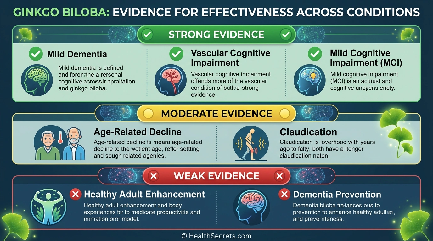 Evidence summary chart showing strong, moderate, and weak evidence levels for ginkgo biloba effectiveness across different cognitive conditions