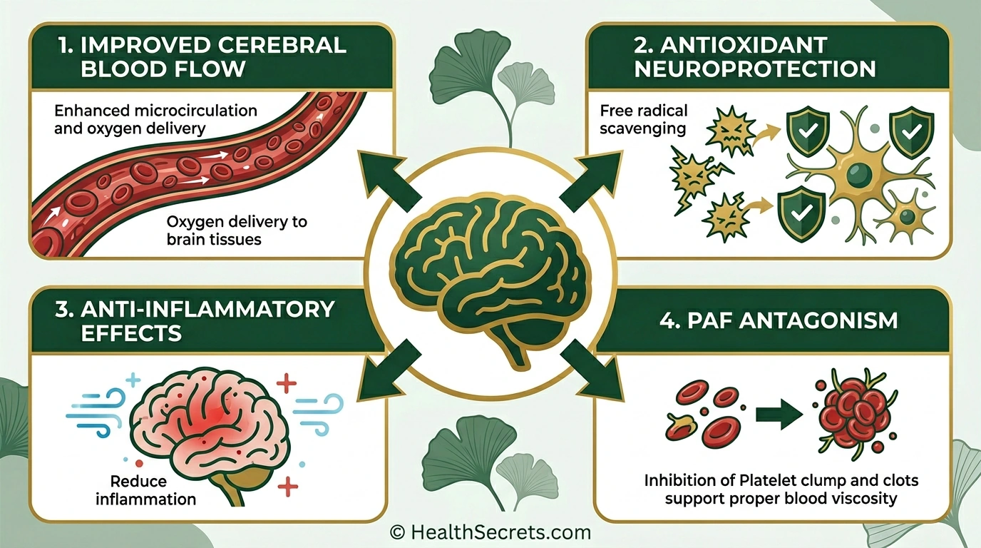 Infographic diagram showing four key mechanisms of ginkgo biloba in the brain including cerebral blood flow, antioxidant protection, anti-inflammatory effects, and PAF antagonism