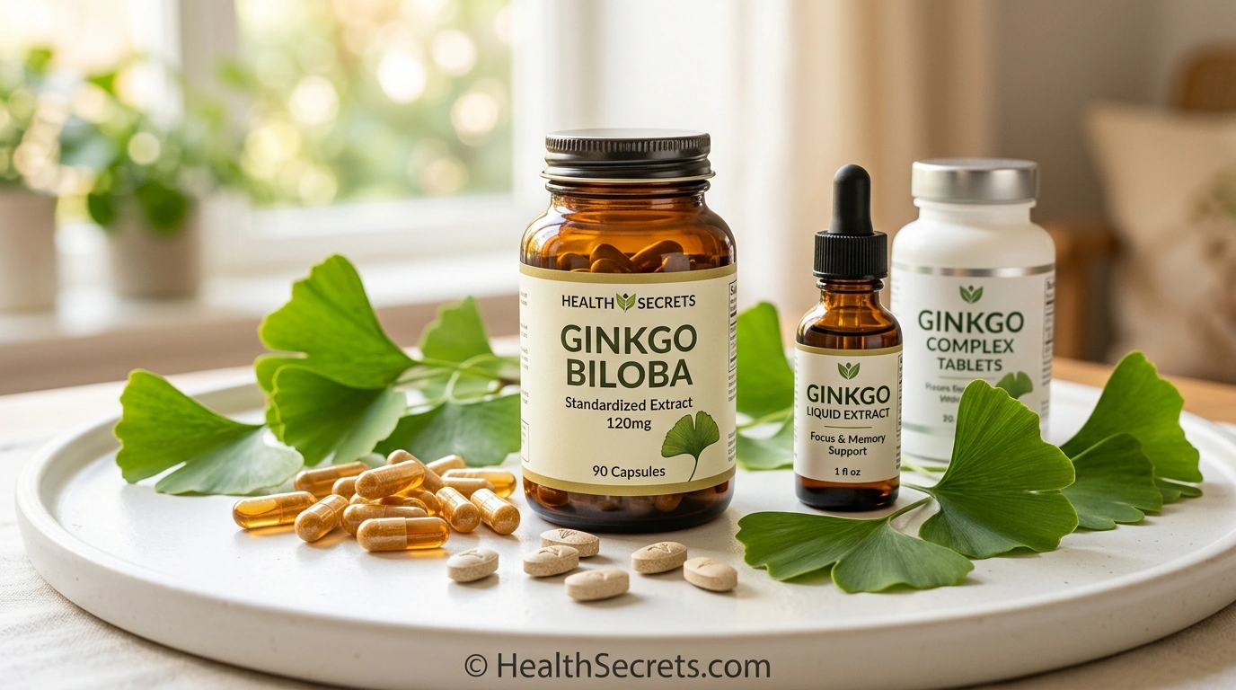 Arrangement of various ginkgo biloba supplement bottles and capsules with fresh ginkgo leaves on a white surface