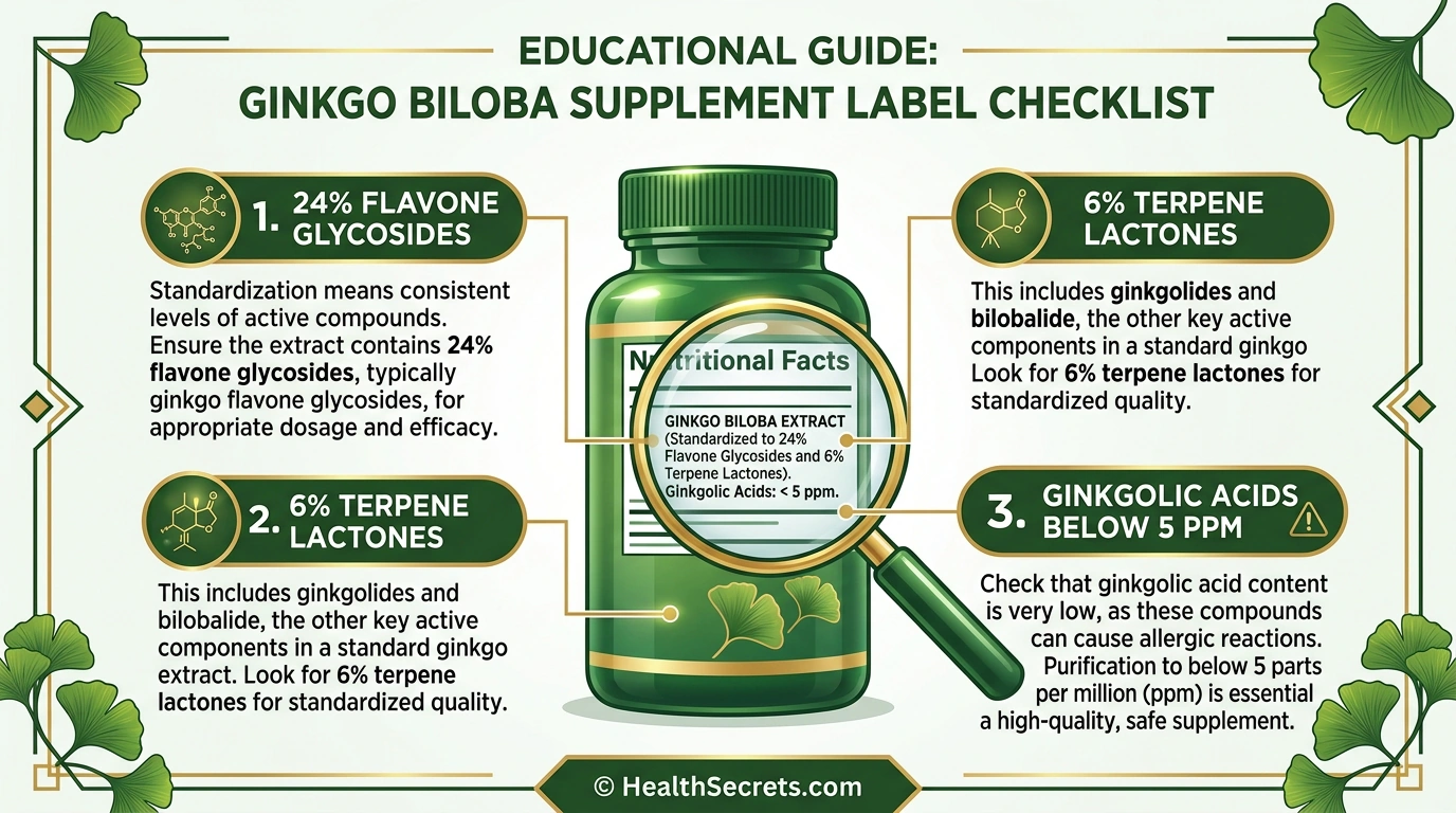 Infographic guide showing three key standardization checkpoints on a ginkgo biloba supplement label including flavone glycosides, terpene lactones, and ginkgolic acid content