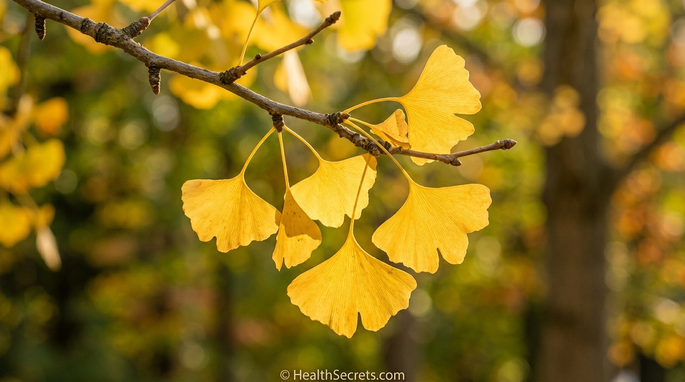 Golden ginkgo biloba fan-shaped leaves on a branch with sunlight highlighting the distinctive leaf venation pattern