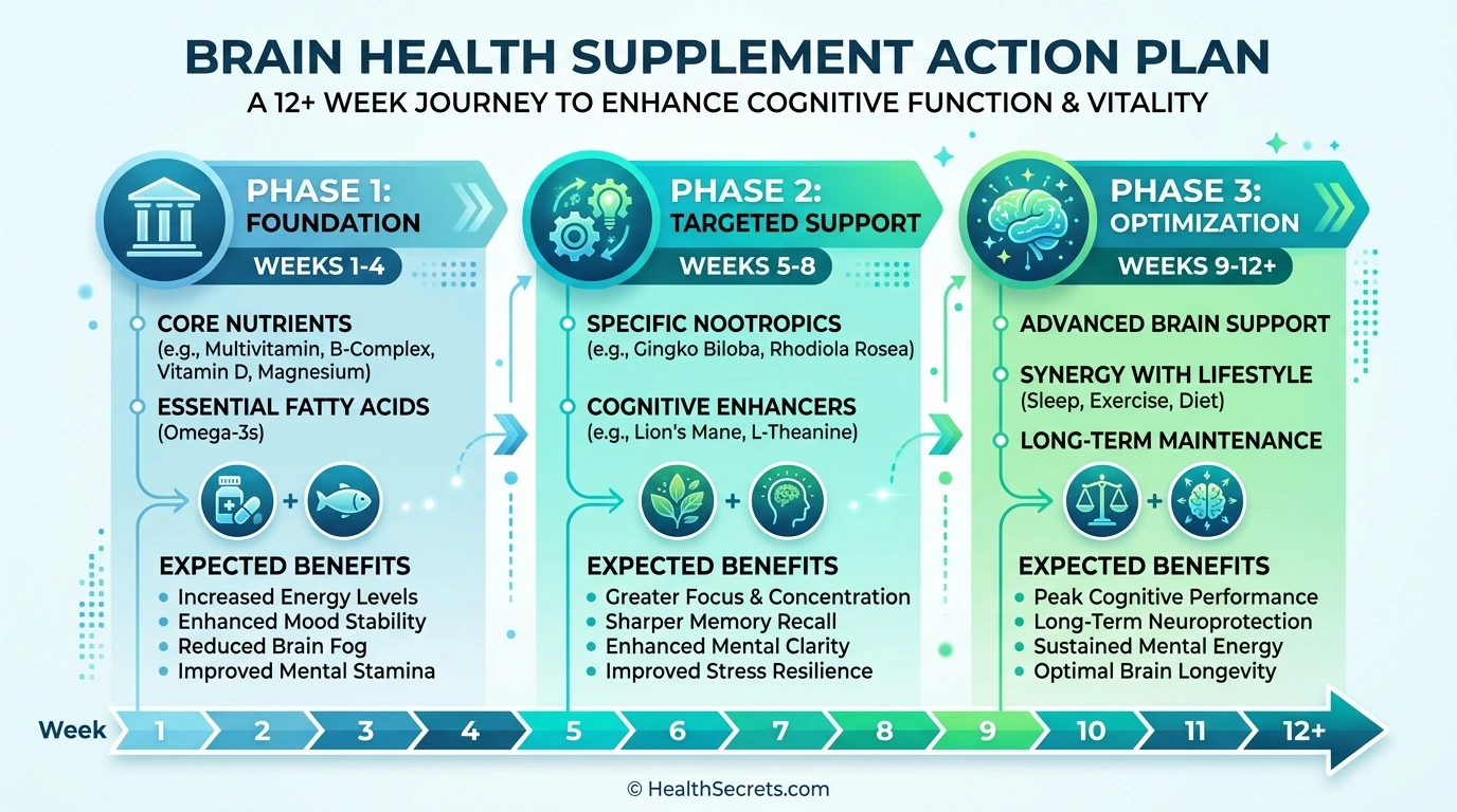 Brain health supplement action plan timeline showing three phases of implementation over 12 weeks