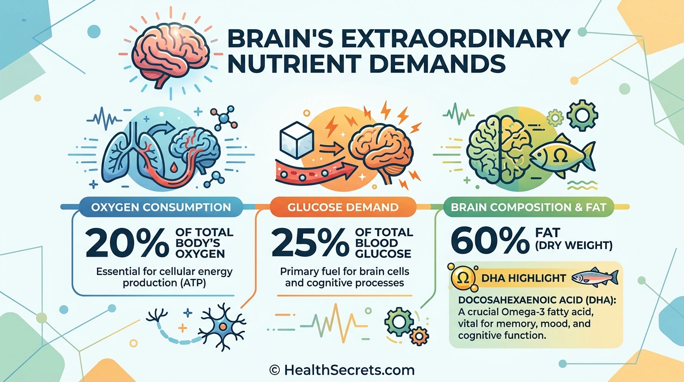 Infographic showing brain nutrient demands including oxygen, glucose, and DHA requirements