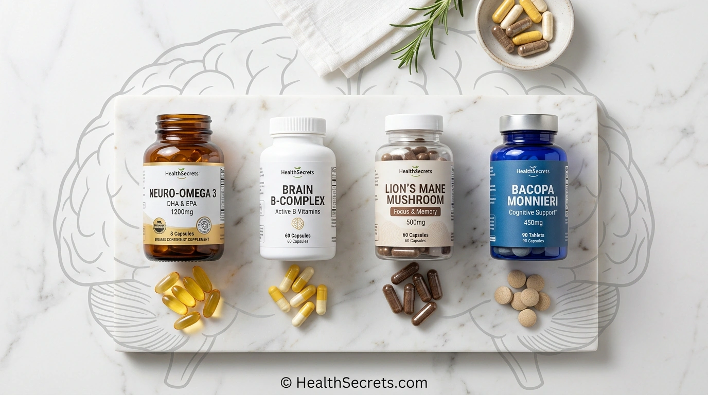 Top 10 brain health supplements for cognitive function including omega-3, B vitamins, lion's mane, and bacopa