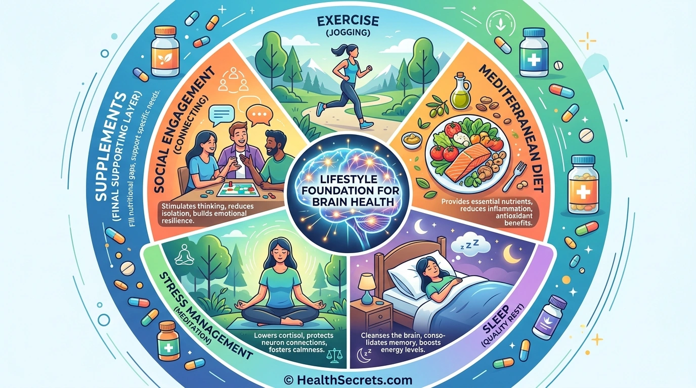 Brain health lifestyle foundation pyramid showing exercise, diet, sleep, and stress management with supplements as supportive layer