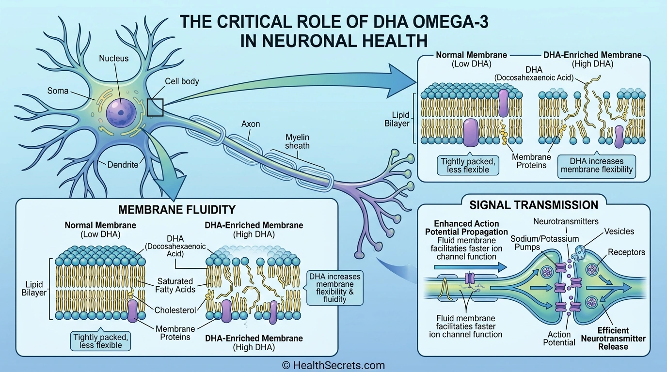 Illustration of omega-3 DHA in brain cell membranes supporting neuronal structure and signaling