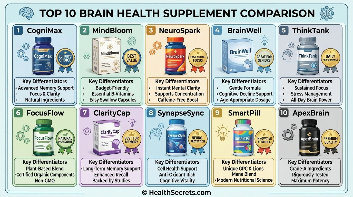 Visual comparison of top 10 brain health supplement products with ratings and key features
