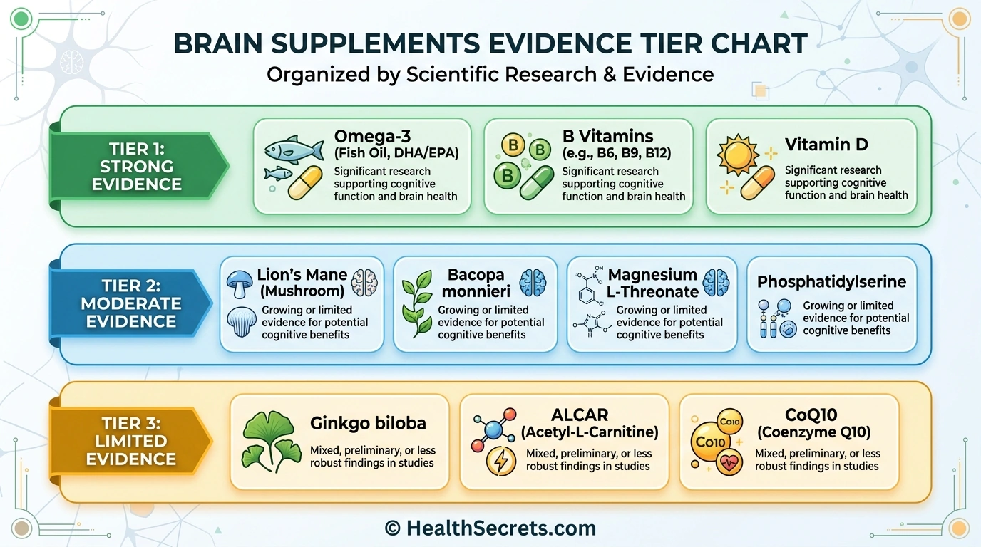 Evidence tier chart ranking brain health supplements by research quality and clinical support