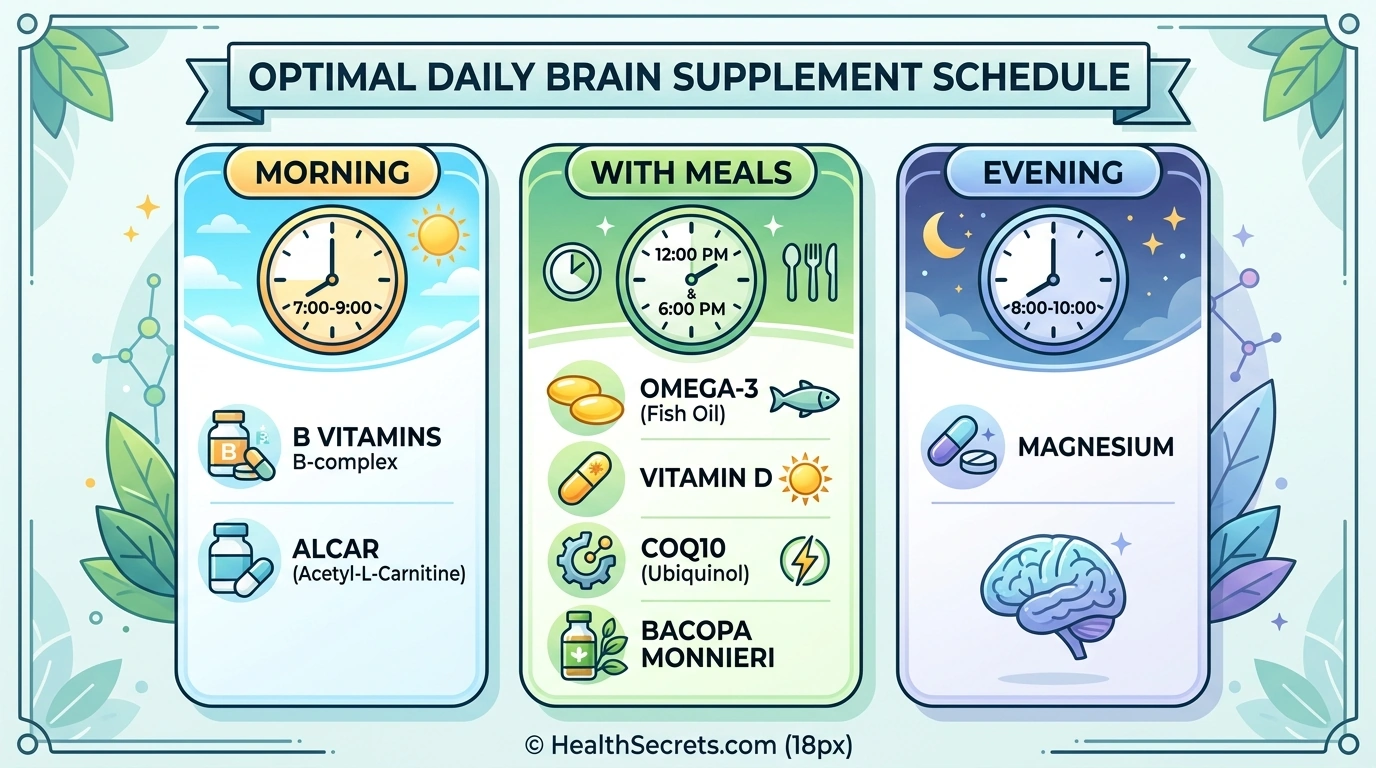 Daily brain supplement timing chart showing optimal times for omega-3, B vitamins, magnesium, and other cognitive supplements