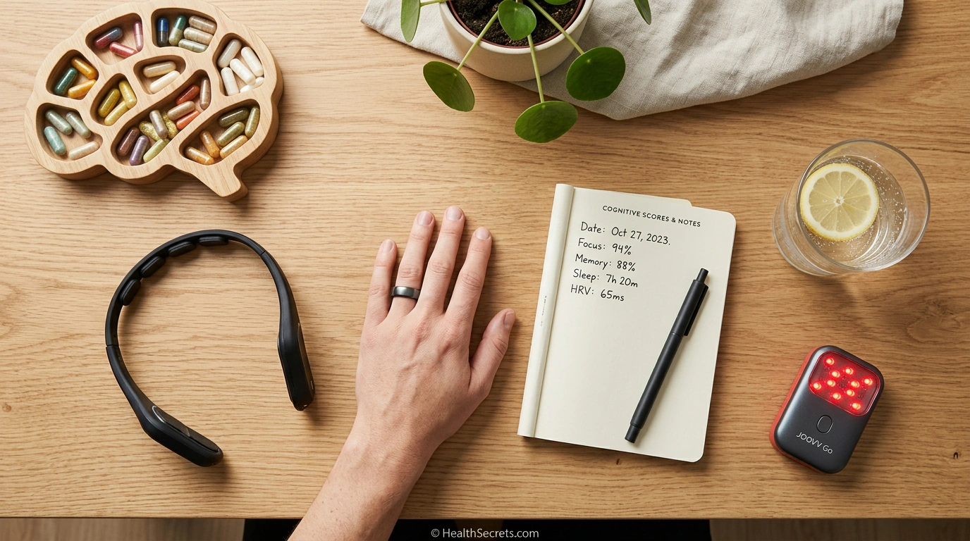 Biohacking mental performance tools including nootropic supplements sleep tracker neurofeedback headband and cognitive testing journal