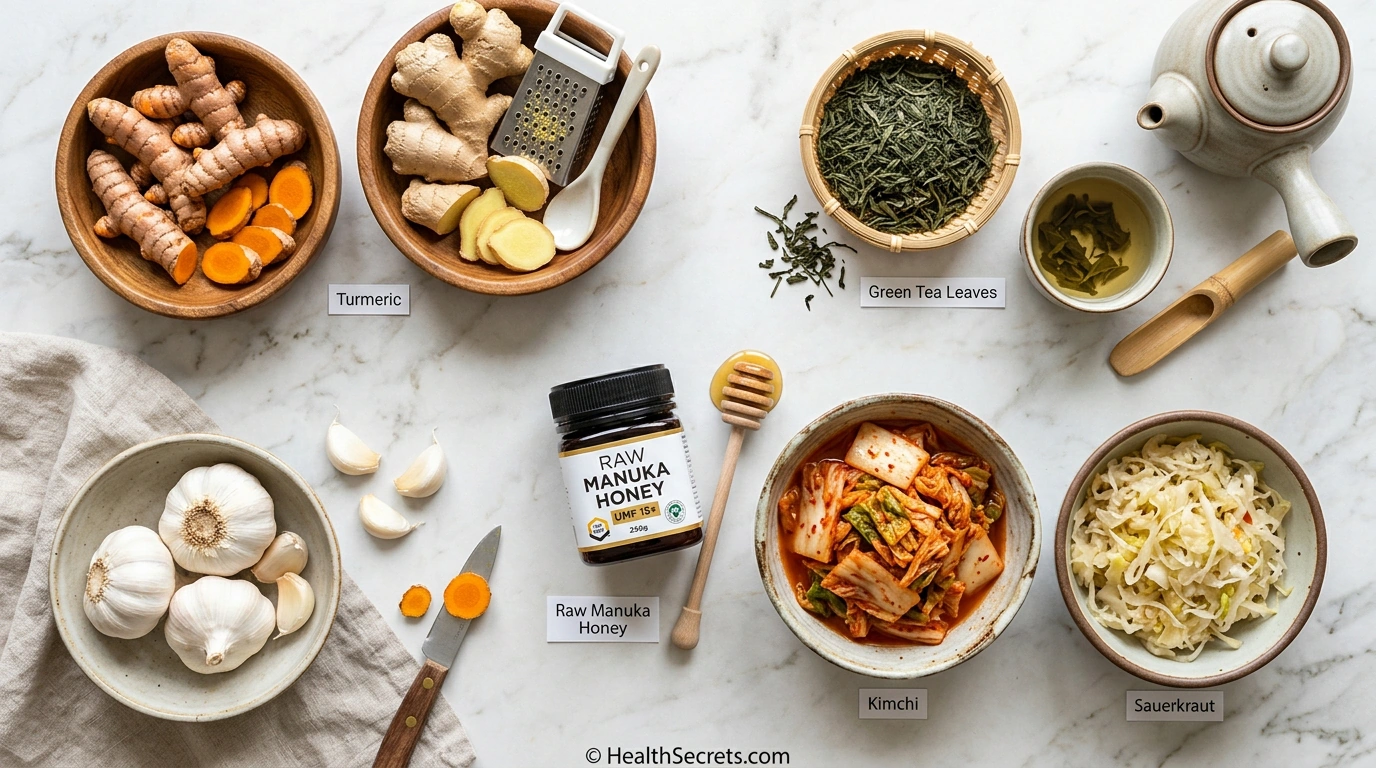 Evidence-based healing foods including turmeric, ginger, honey, garlic, green tea, and fermented foods arranged on a natural surface