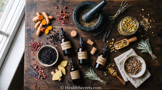 Evidence-based natural remedies guide showing medicinal herbs, tinctures, and botanical preparations arranged on a natural surface