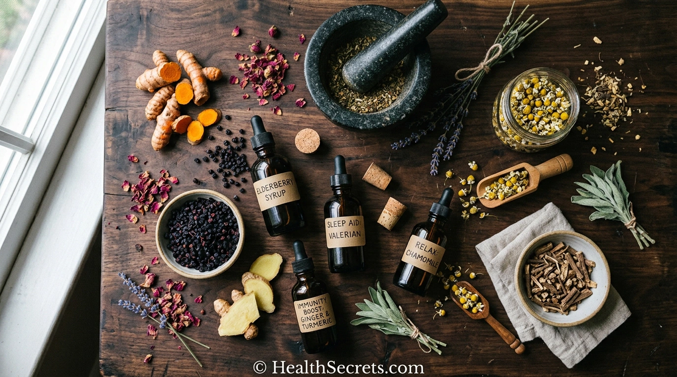 Evidence-based natural remedies guide showing medicinal herbs, tinctures, and botanical preparations arranged on a natural surface