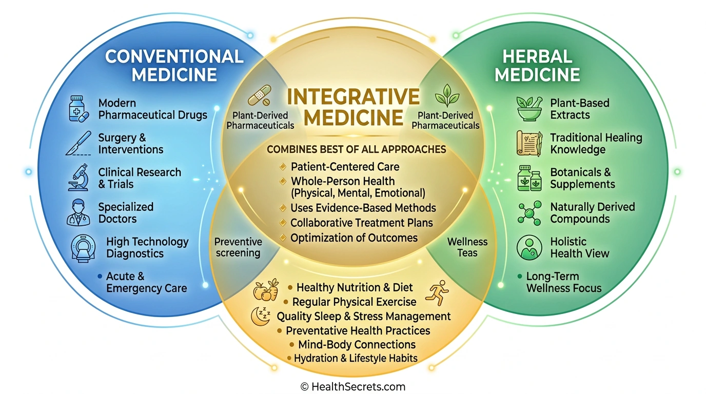 Diagram illustrating how conventional medicine, herbal medicine, and integrative medicine overlap in evidence-based healthcare