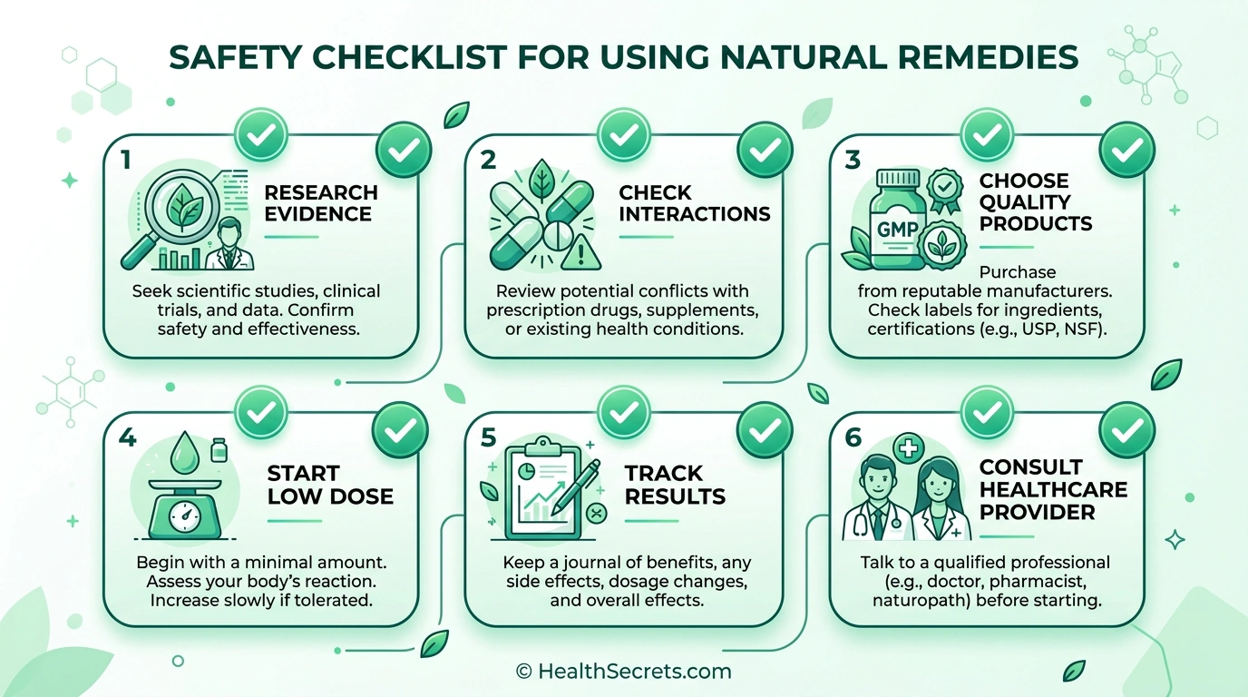 Safety checklist infographic for evidence-based natural remedy use including research, interaction checking, quality sourcing, and healthcare provider consultation