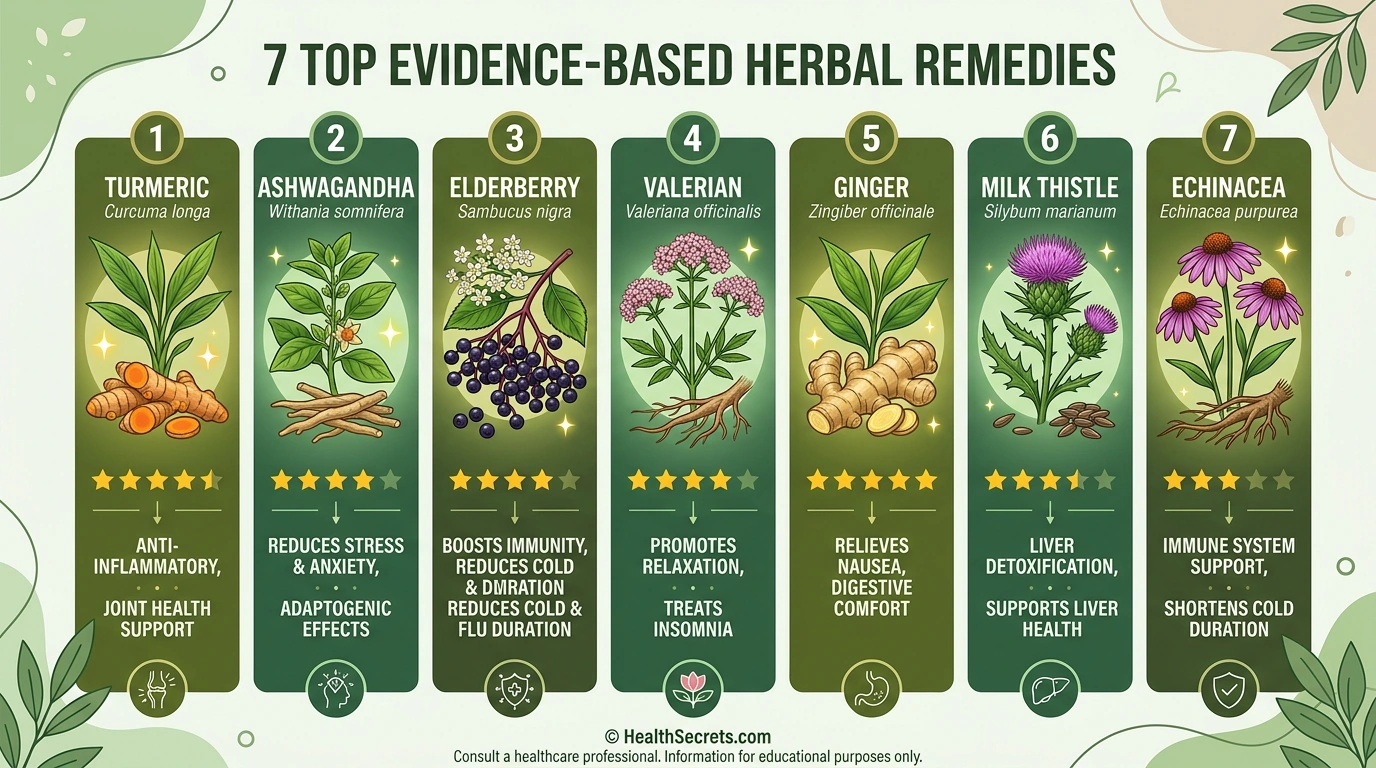 Evidence-based herbal remedies guide showing turmeric, ashwagandha, elderberry, valerian root, ginger, milk thistle, and echinacea with their primary therapeutic uses
