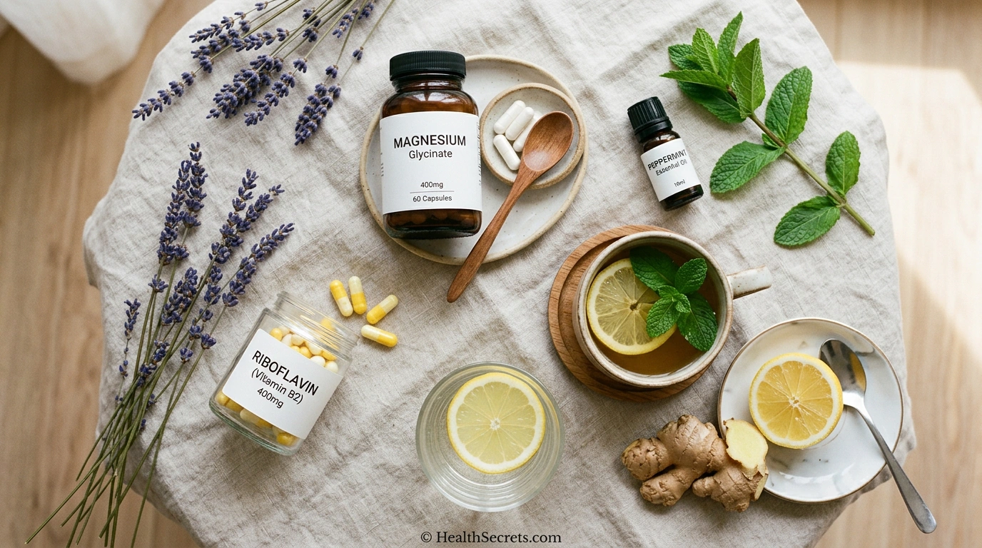 Natural headache remedies including magnesium supplements, peppermint essential oil, ginger tea, riboflavin capsules, and lavender