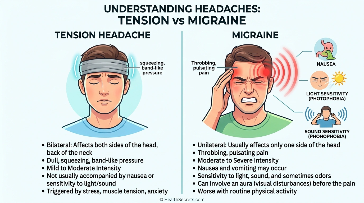 Infographic comparing tension headache symptoms (bilateral pressure) versus migraine symptoms (unilateral throbbing with nausea and light sensitivity)
