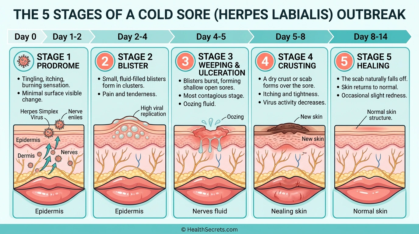 Infographic showing the five stages of cold sore outbreak from prodrome tingling to complete healing over 14 days