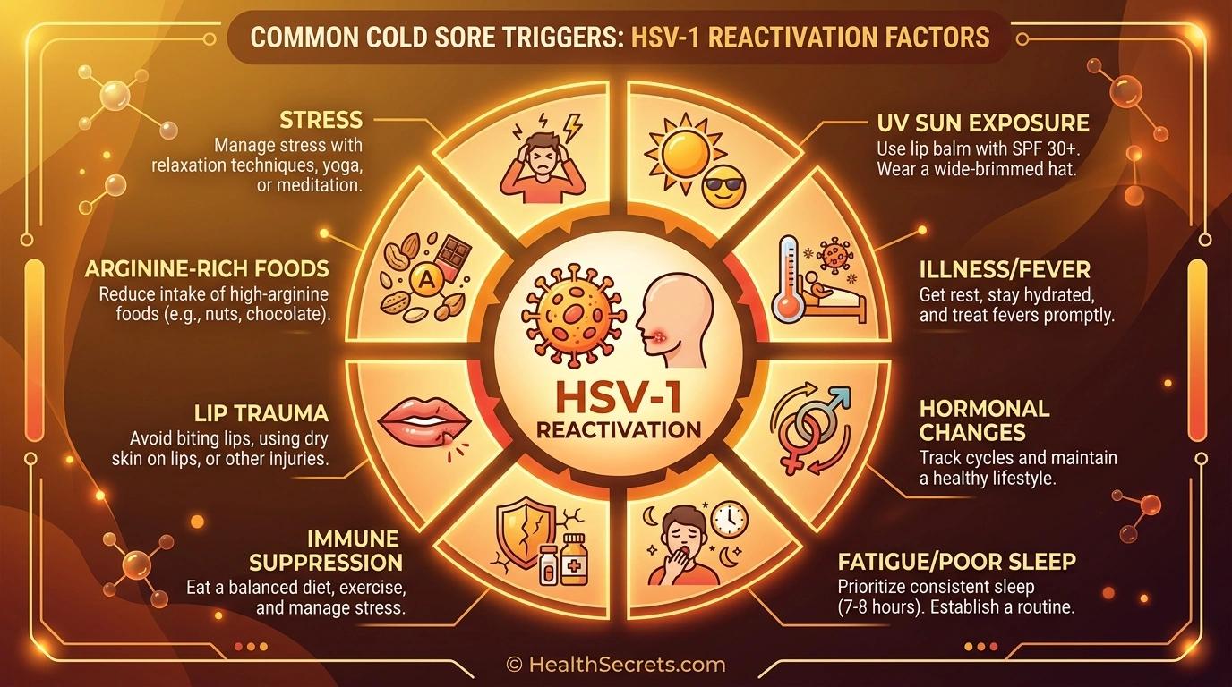 Circular diagram showing eight common cold sore triggers including stress, sun exposure, illness, and dietary factors