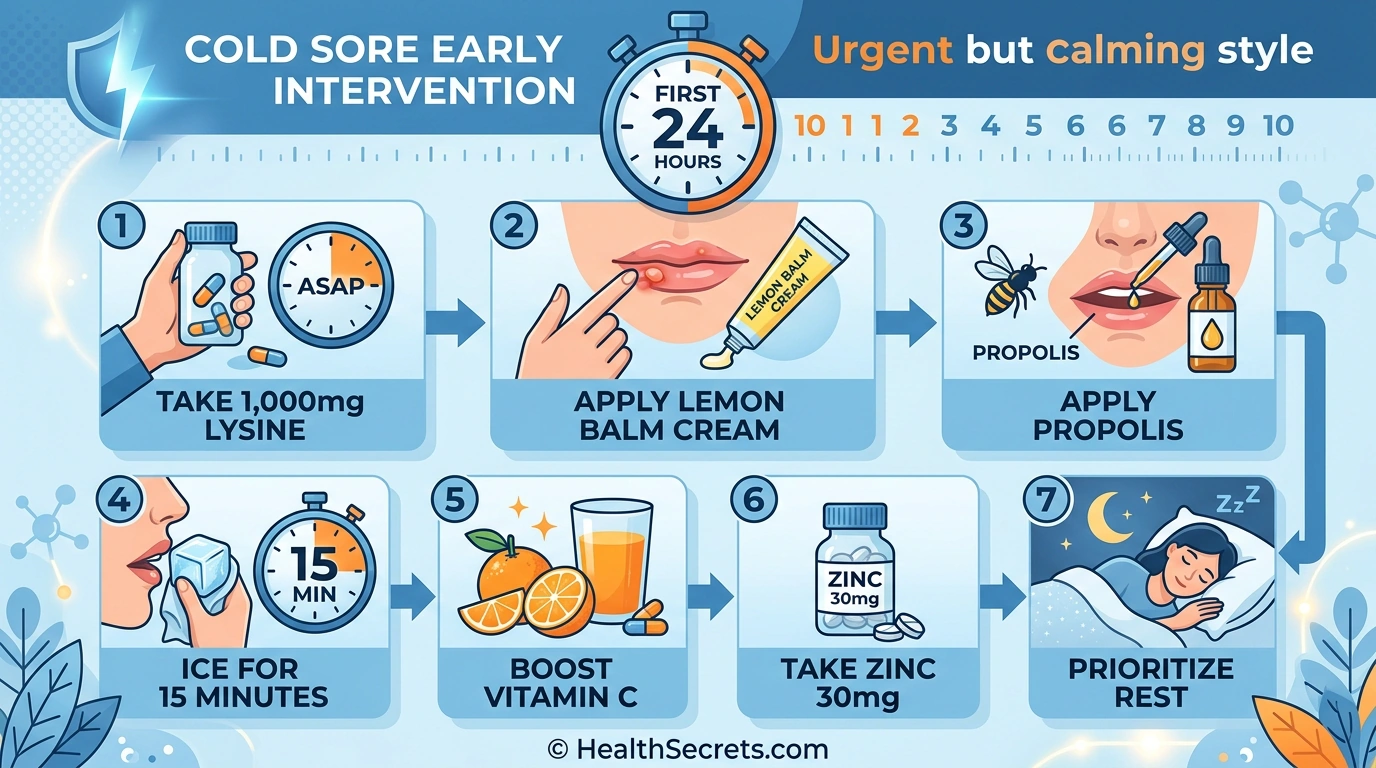 Step-by-step early intervention protocol for cold sores showing seven immediate actions to take at first tingle