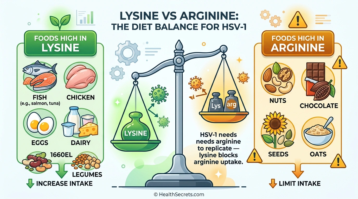 Infographic comparing lysine-rich foods versus arginine-rich foods for cold sore management with balance scale visual