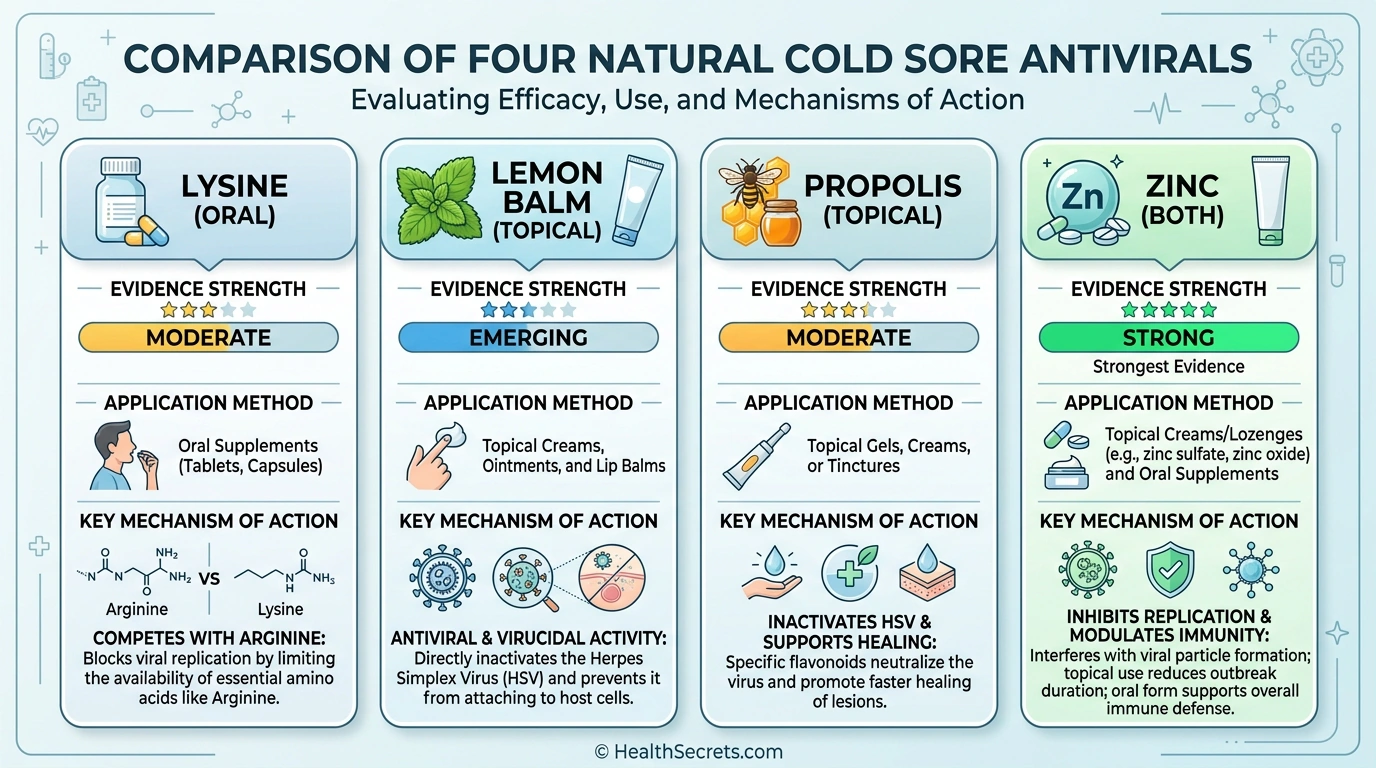 Comparison chart of natural cold sore antivirals showing lysine, lemon balm, propolis, and zinc with evidence ratings
