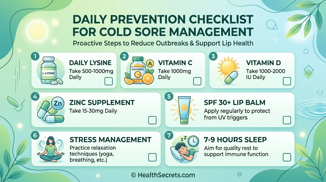 Daily cold sore prevention checklist showing supplements, sun protection, and lifestyle habits for outbreak prevention