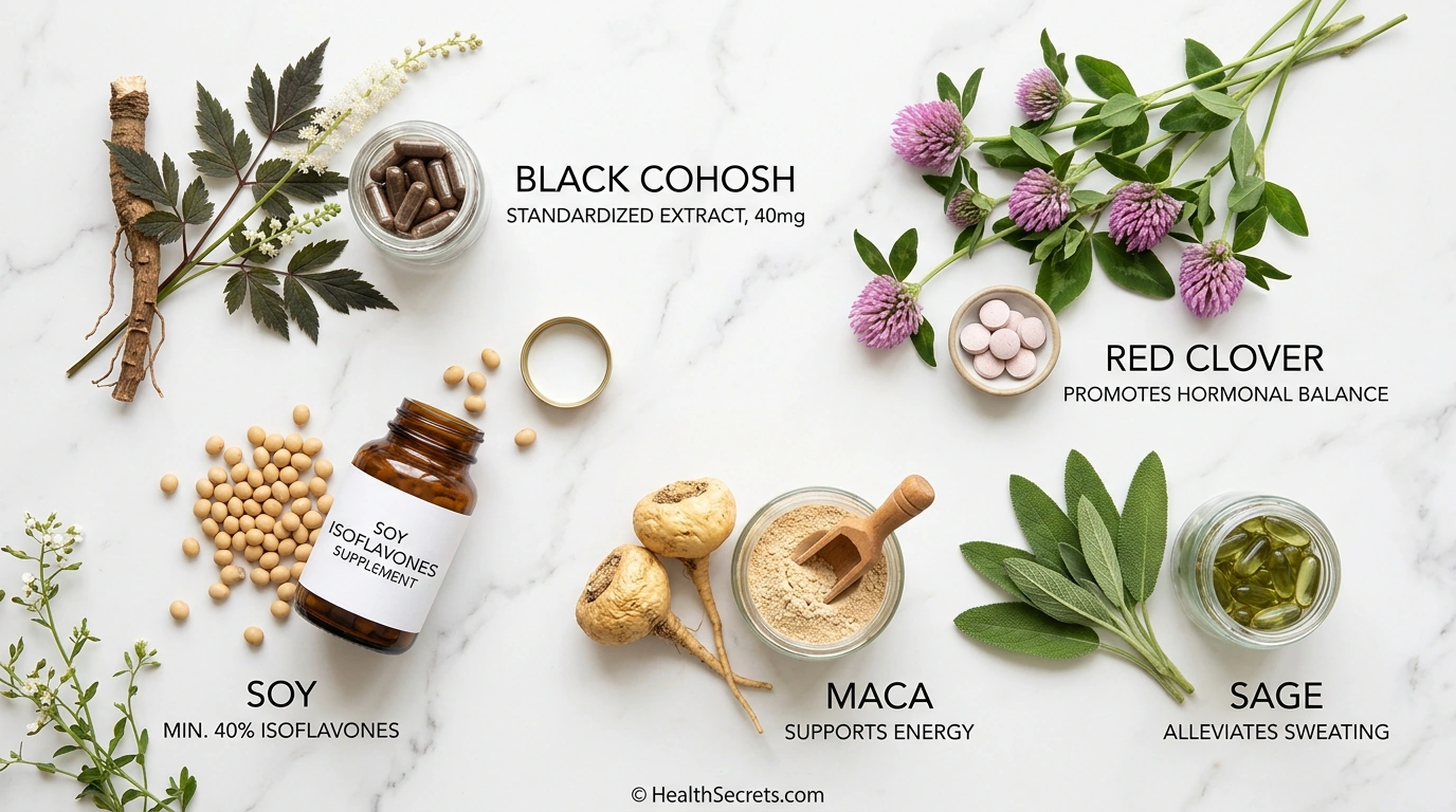 Five evidence-based herbal remedies for hot flashes: black cohosh, soy isoflavones, red clover, maca root, and sage