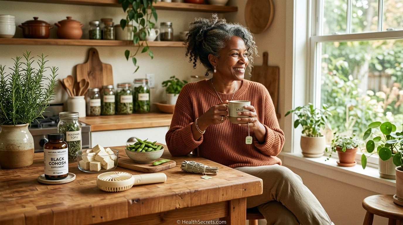 Natural remedies for hot flashes including sage tea, black cohosh supplements, and soy foods arranged on a kitchen counter