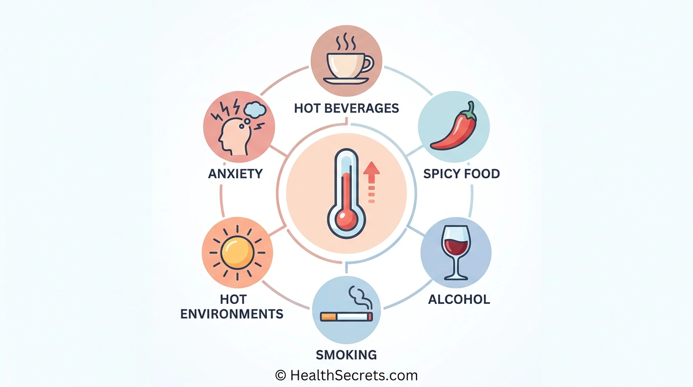 Infographic showing common hot flash triggers including hot beverages, spicy food, alcohol, smoking, and stress