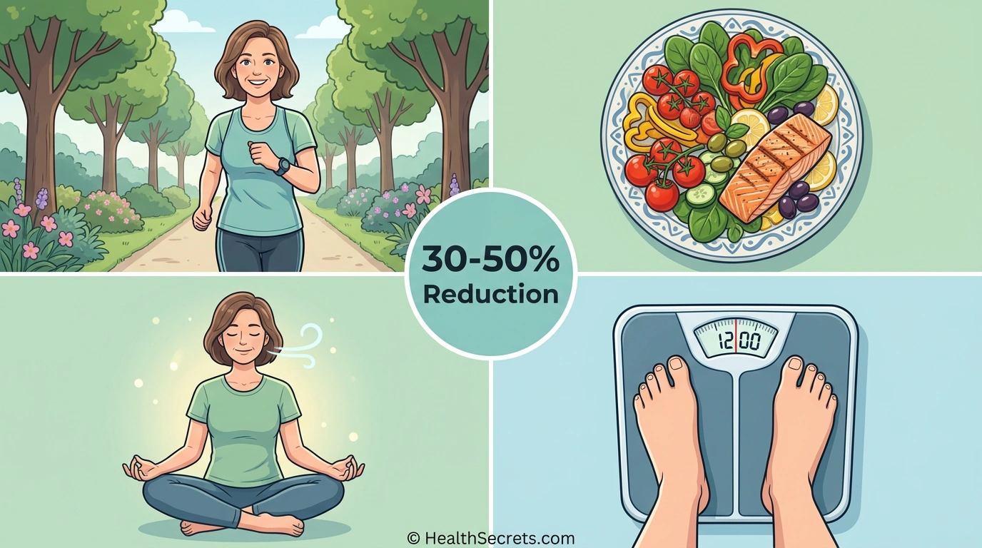 Four lifestyle modifications that reduce hot flashes by 30-50 percent: exercise, Mediterranean diet, meditation, and weight management