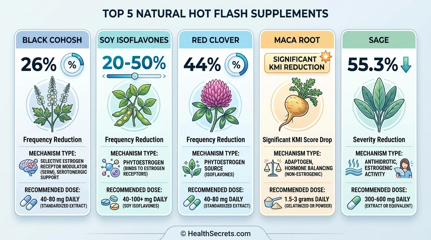 Safety precautions infographic for natural hot flash remedies showing contraindications and cautions by supplement type