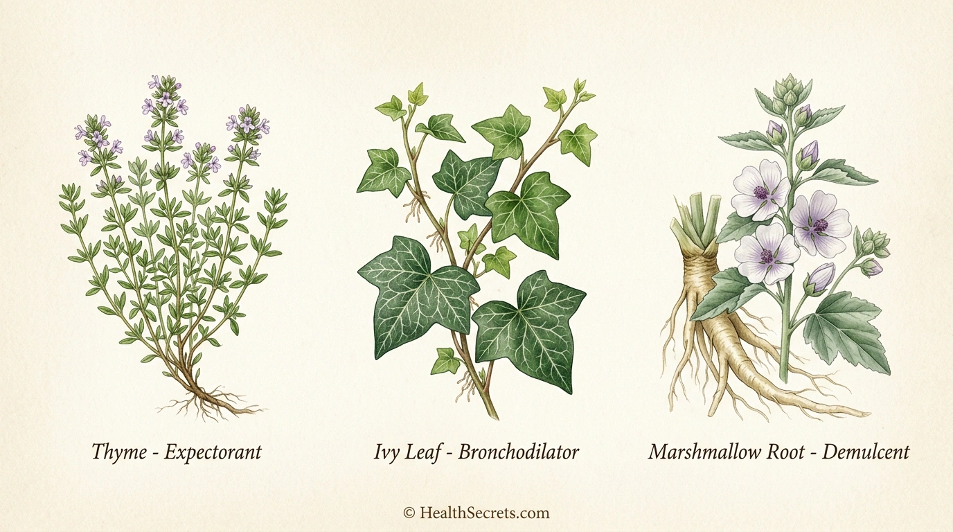 Botanical illustrations of thyme, ivy leaf, and marshmallow root - three evidence-based herbal cough remedies