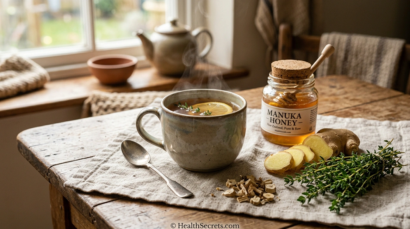 Natural cough remedies including herbal tea with honey, lemon, thyme, ginger, and marshmallow root on a wooden table
