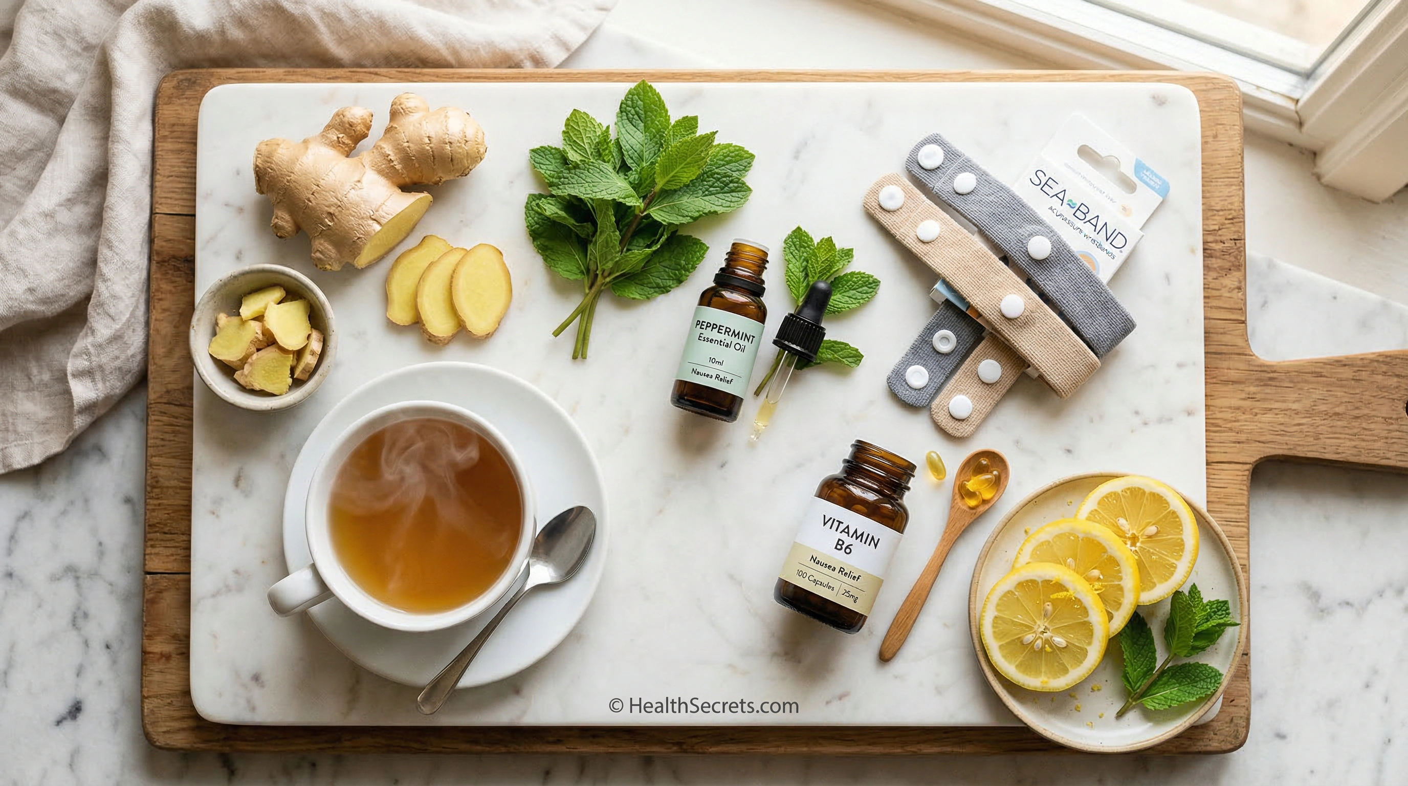 Natural nausea remedies including fresh ginger, peppermint oil, acupressure wristbands, vitamin B6, and lemon for evidence-based nausea relief