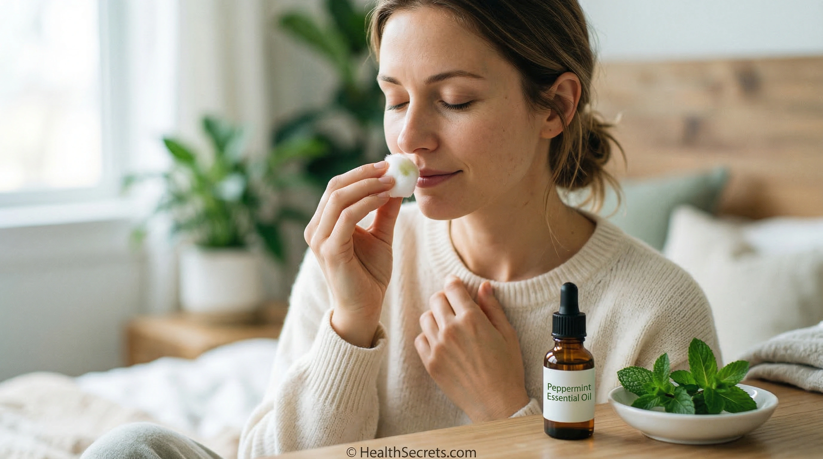 Person inhaling peppermint essential oil from a cotton ball demonstrating aromatherapy technique for nausea relief